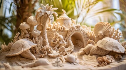 Enchanting Beach-Themed Wedding Centerpieces with Sand Sculptures and Intricate