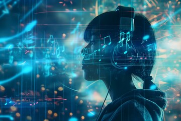 Fototapeta premium A futuristic illustration of a woman with headphones surrounded by glowing musical notes and digital patterns
