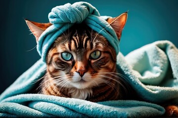 Animal wellness and relaxation pampering care, cat wrapped in spa bath towel
