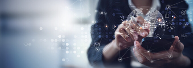 Digital marketing media (website ad, email, social network, SEO, video, mobile app) E-commerce and online shopping concept with icons, Pay Per Click (PPC) dashboard, business technology development