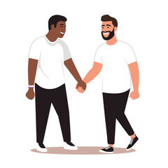 Two men walking shaking hands, one African ethnicity, one Caucasian, smiling, casual wear. Men engaged friendly handshake, human interaction, positive emotion, diversity. Cartoon style
