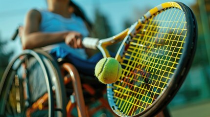 Close up of an young woman in wheelchair playing tennis on court, focus on ball and sportswear details. Sporty girl with paraplegic body using wheel chair for sports activity. 
