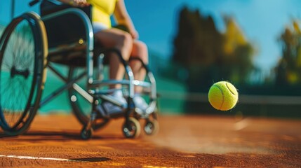 Close up of an ParETING avalanche woman in wheelchair playing tennis on court with ball flying towards camera, closeup, blurred background, high resolution photography