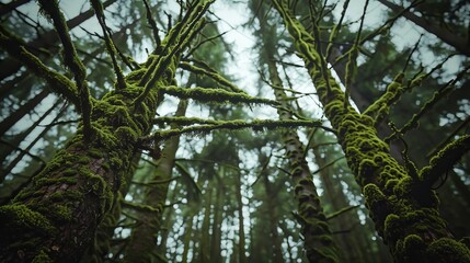 Naklejka premium Moss-Covered Canopy in Lush Forest Landscape Photographed in Cinematic Style