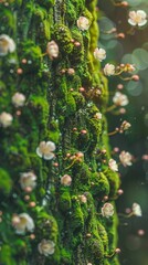 Moss-Covered Tree Enveloped in Spring Bloom with Delicate Flowers and Budding Foliage