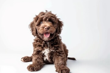 adorable labradoodle puppy poses for portrait on pure white studio background