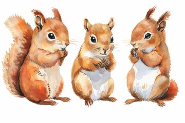 adorable red squirrels watercolor illustration set on white background painting