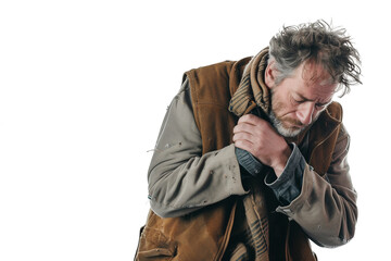 Obraz premium A man in a brown vest is shivering and rubbing his chest. He looks cold and uncomfortable.