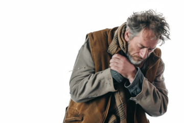 A man in a brown vest is shivering and rubbing his chest. He looks cold and uncomfortable.