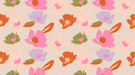 Fototapeta premium Bright abstract flowers feminine seamless pattern.