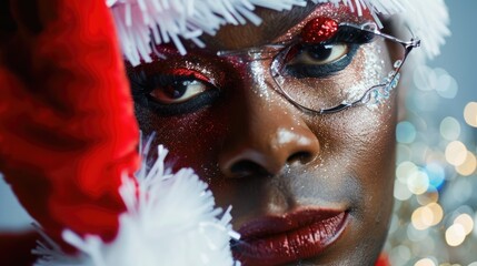 Close up of a black Santa Claus drag queen at christmas