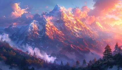 A majestic mountain range, its peaks tinged with the first light of dawn - Powered by Adobe