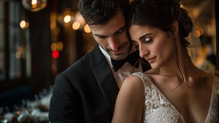 Romantic Couple Stealing a Quiet Moment at Lavish Wedding Reception