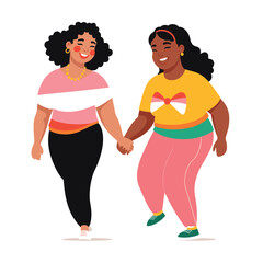 Two cheerful women walking hand hand, both curly hair, smiling, dressed colorful clothing. African American females enjoying time together, friendship concept, happy diverse characters. Friends