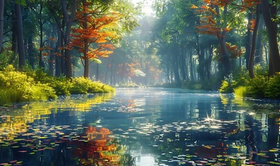 Obraz premium A serene forest pond, surrounded by vibrant foliage reflecting in its calm waters