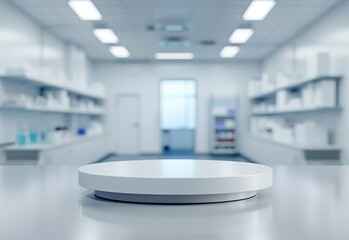 Pharmacology medicine stand mockup, empty podium on table with banner and copy space, showcasing pharmaceutical products, research, and innovation in the healthcare industry.