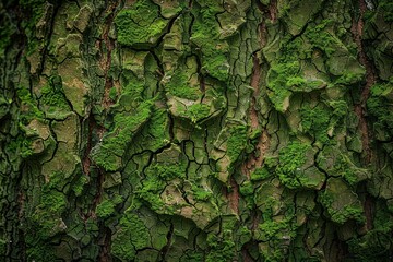 Textured Mossy Tree Bark in Earthy Greens and Browns Captured in Cinematic Photography
