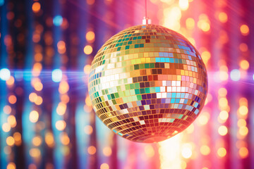 Obraz premium A disco ball is suspended from the ceiling at party, reflecting the lights