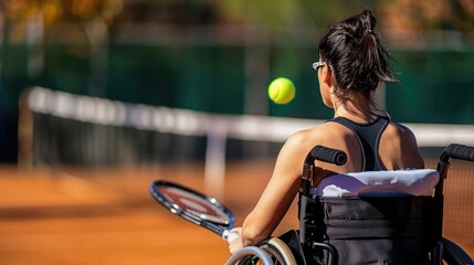 Close up of woman in wheelchair playing tennis on court, focus background blurred. Closeup view from behind the player with ball flying over wheel 