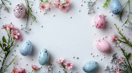 Springtime Easter Frame with Colorful Eggs and Flowers on White Background
