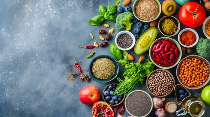 Nutrition Powerhouse, Diverse Array of Superfoods Seeds and Grains on a Textured Grey Background