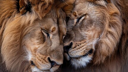 Close up of two lions cuddling in a loving affectionate embrace. African safari mammals. AI generated