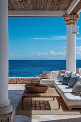Fototapeta premium vila, a covered outdoor lounge area with a plush sofa, woven accents, and a stunning view of the turquoise sea framed by a classical column