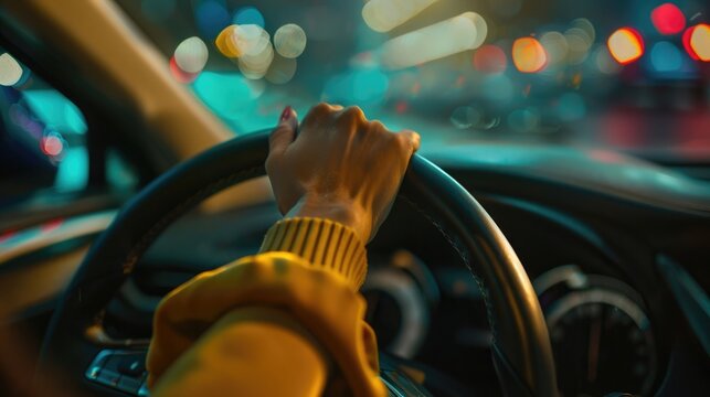 Close up of unrecognizable woman holding her hand on automatic gearshift while driving a car