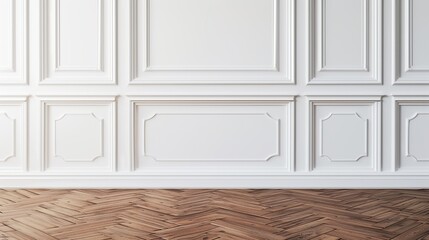 Beautiful White classic wall background, brown parquet floor . Generative Ai