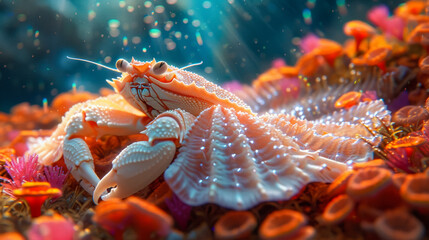 Couture crab in a shell-inspired gown, wearing coral accessories,