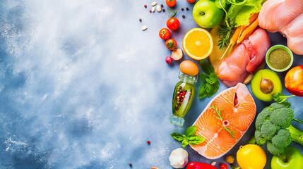 Healthy Diet Concept, Fresh Salmon Fillet Surrounded by an Array of Vibrant Fruits Vegetables and Healthy Fats on a Cool Blue Background