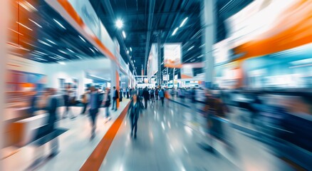 Exhibition expo event trade fair hall with busy bustling people walking to conferences  in a modern hall crowded  business people with a bokeh effect. Generative AI