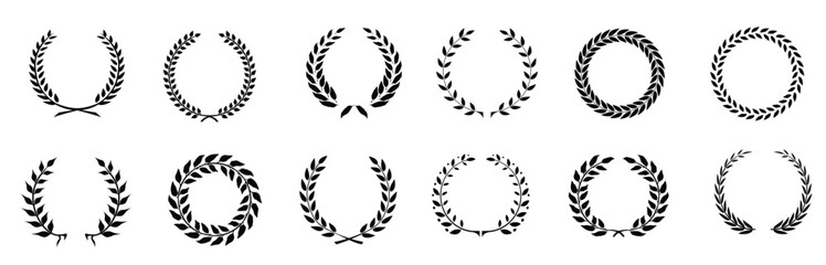 Set of black and white silhouette circular laurel foliage and wheat wreaths depicting an award achievement
