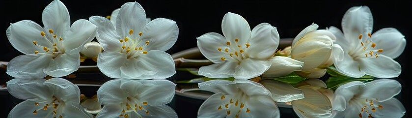Reflect upon the beauty of a fresh jasmine flower against a reflective black surface