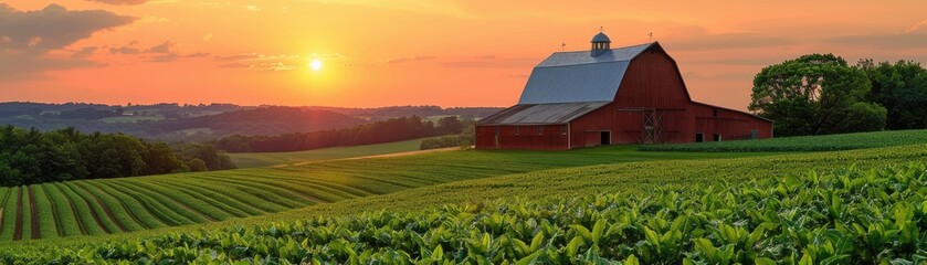 Scenic view of a farm with lush crops and a barn at sunset - Powered by Adobe