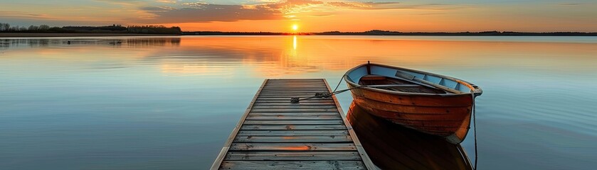 Fototapeta premium Serene sunset with a lone boat tied to a wooden dock on a calm lake