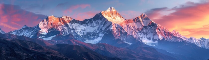 Snowy mountain peaks touched by fiery sunset light