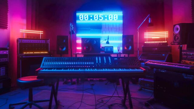 Animated background music studio with futuristic neon lighting, background music. looping time-lapse video