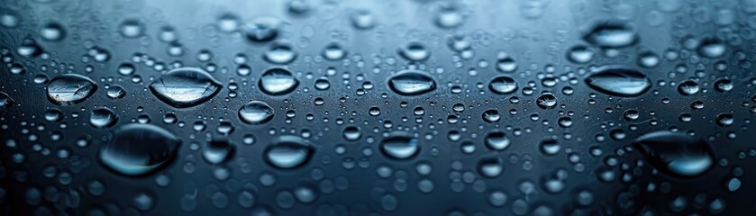 Water droplets glisten on glass against a dark, reflective background, creating an intriguing visual contrast