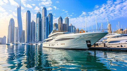 View on Dubai Marina skyscrapers and the most luxury super yacht marina, Dubai, United Arab Emirates