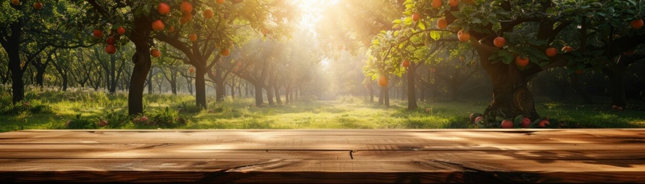 Warm sunlight over an empty wooden table with apple trees in the background