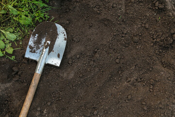 Brown dark humus, soil ground texture background with copyspace and shovel on garden bed top view....