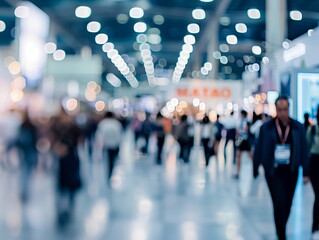 Exhibition expo event trade fair hall with busy bustling people walking to conferences  in a modern hall crowded  business people with a bokeh effect. Generative AI