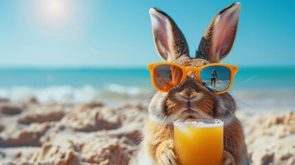 Easter Bunny Relaxing on Beach with Cocktail