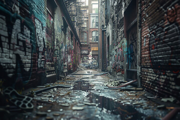 Merge street art defiance with post-apocalyptic despair in a gritty alley scene, where unexpected camera angles reveal a dystopian narrative unfolding on decaying walls