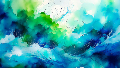 Abstract design of fluid shapes and dynamic swirls from vivid greens and deep blues to lighter aqua tones with white splashes and fine lines.