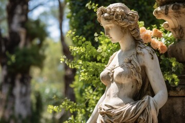 Elegant stone statue in a lush garden