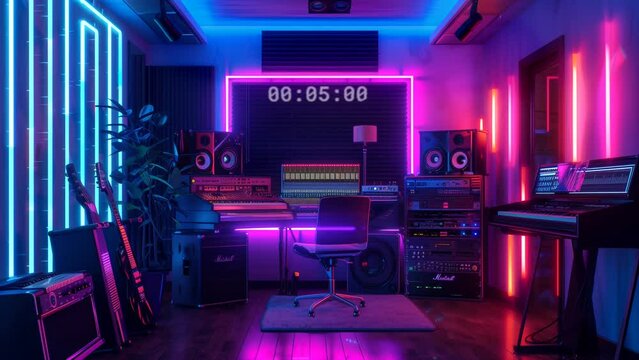 Animated background music studio with futuristic neon lighting, background music. looping time-lapse video