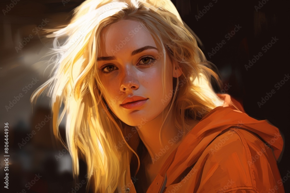 Wall mural Captivating blonde woman in orange jacket