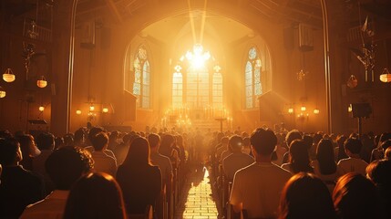 Sunday Worship at the Church: A Gathering of Faithful Religious People for Prayers and to Believe in God - obrazy, fototapety, plakaty